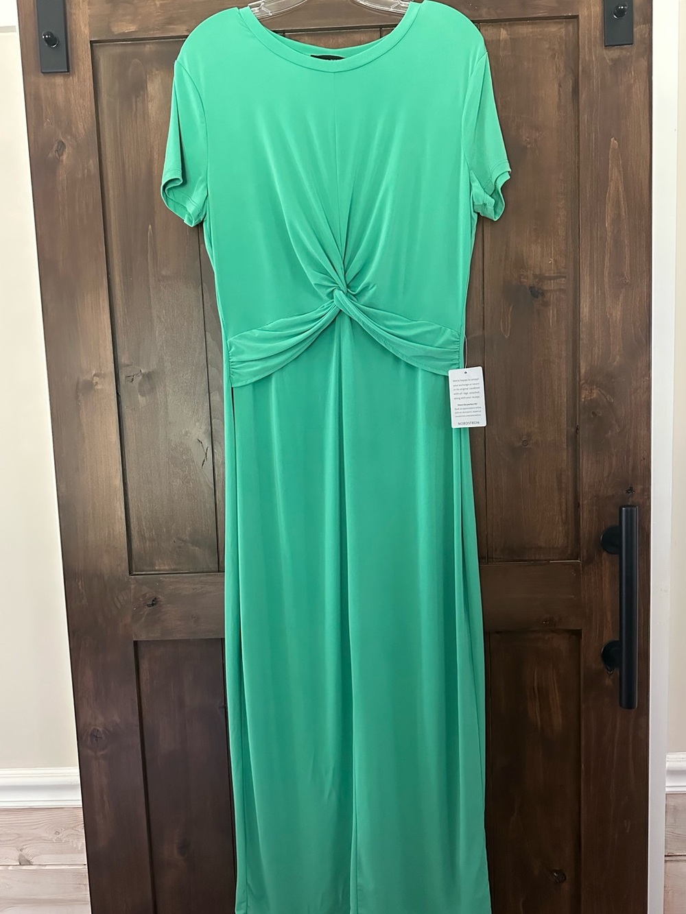 M341 Donna Morgan Emerald Green Twist-Front Short Sleeve Maxi Dress Sz 12